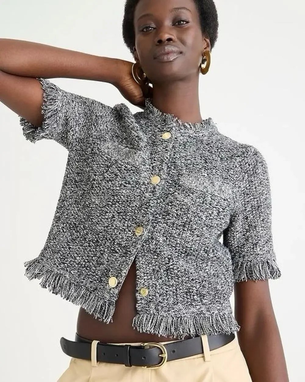 J CREW Cropped fringe trim lady jacket short sleeve cardigan Gray size xs